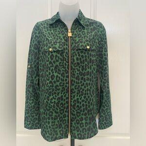 Michael Kors Black/Green Leopard Print Full Zip Collared Shirt Sz XS